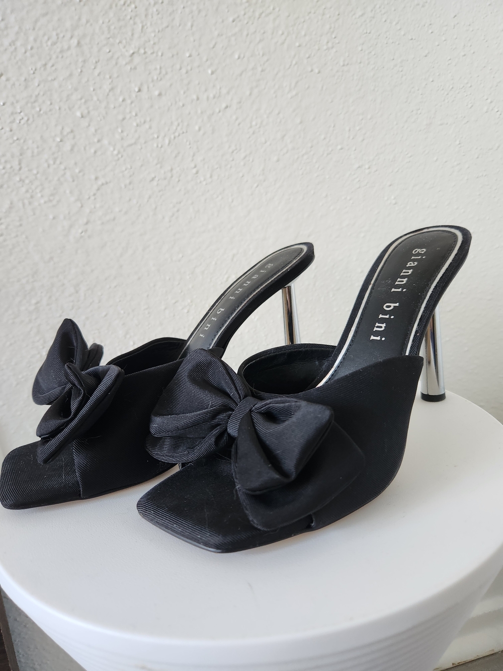 Gianni Bini Black Satin Bow Mules with Silver Stiletto Heels